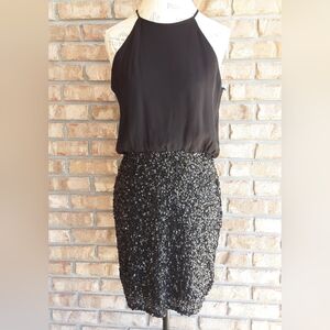 Parker Black Label Halter Style Back Split Silk Blend Dress With Sequined Skirt.